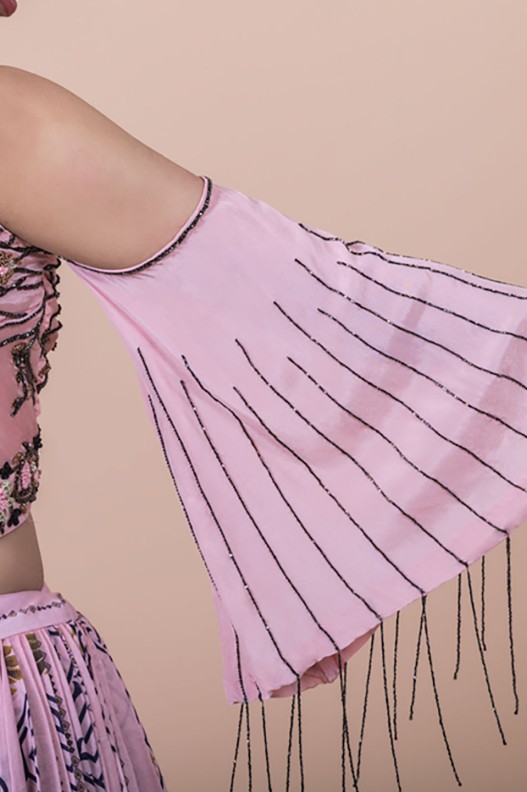 PINK ANEMONE ABSTRACT PRINTED SKIRT WITH BELL SLEEVE EMBROIDERED CROP TOP