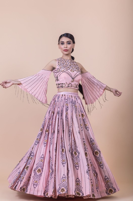 PINK ANEMONE ABSTRACT PRINTED SKIRT WITH BELL SLEEVE EMBROIDERED CROP TOP