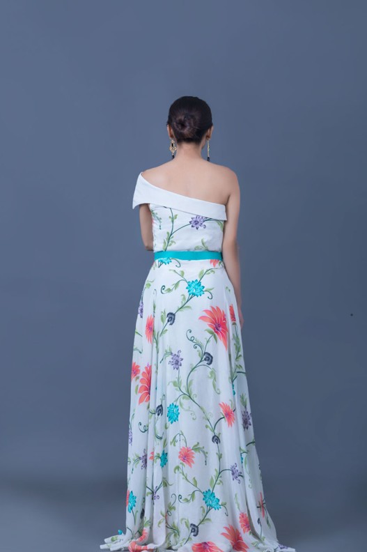 WHITE ANEMONE PRINTED ONE SHOULDER UMBRELLA DRESS