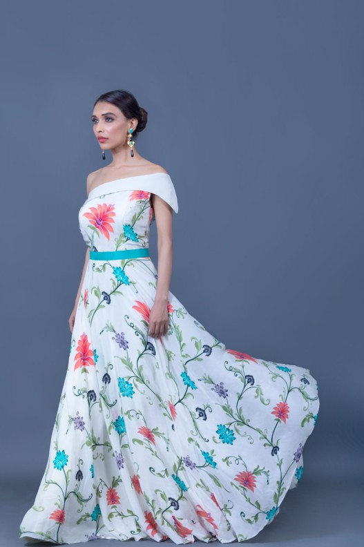 WHITE ANEMONE PRINTED ONE SHOULDER UMBRELLA DRESS