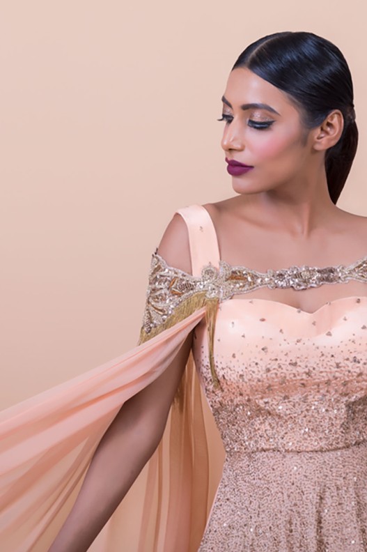 PEACH EMBROIDERED SUNRISE DRESS WITH CAPE DRAPE