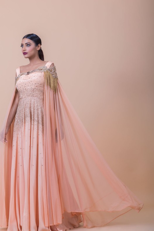 PEACH EMBROIDERED SUNRISE DRESS WITH CAPE DRAPE