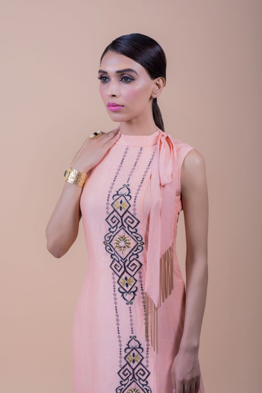 PEACH ANEMON ABSTRACT PRINTED OVERLAP DRESS