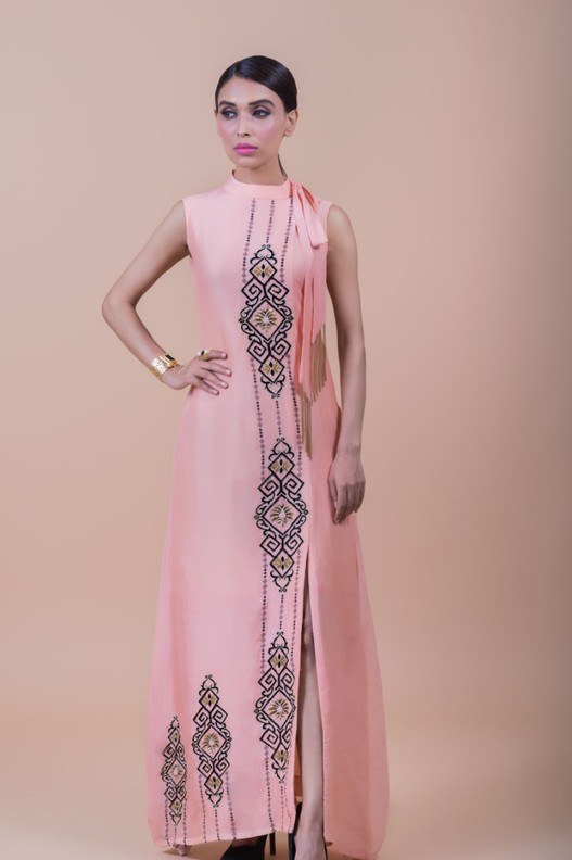 PEACH ANEMON ABSTRACT PRINTED OVERLAP DRESS