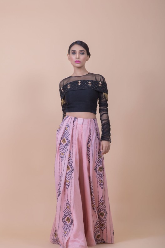  GATHERED SLEEVE CROPTOP WITH ANEMONE ABSTRACT PRINTED FLAP PALAZZO