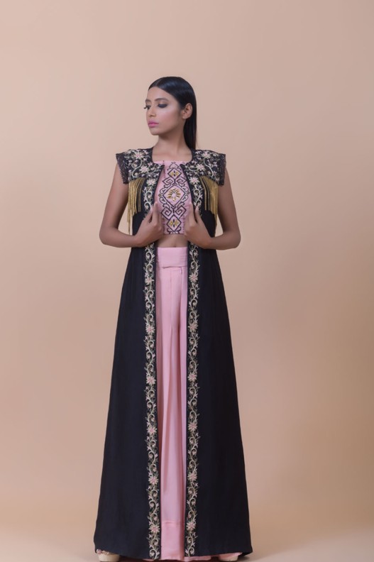 ANEMONE ABSTRACT PRINTED CROPTOP  EMBROIDERED JACKET