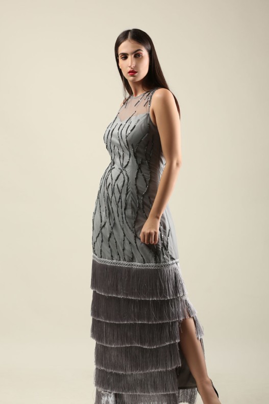 GREY FITTED FRINGE LAYERED DRESS