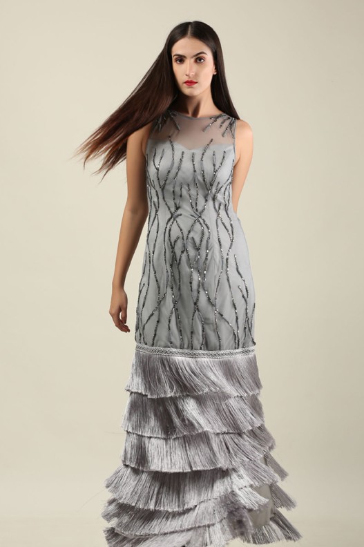 GREY FITTED FRINGE LAYERED DRESS