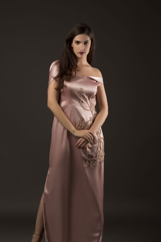 SIMMER SATIN OFF SHOULDER SIDE SLIT STREIGHT DRESS