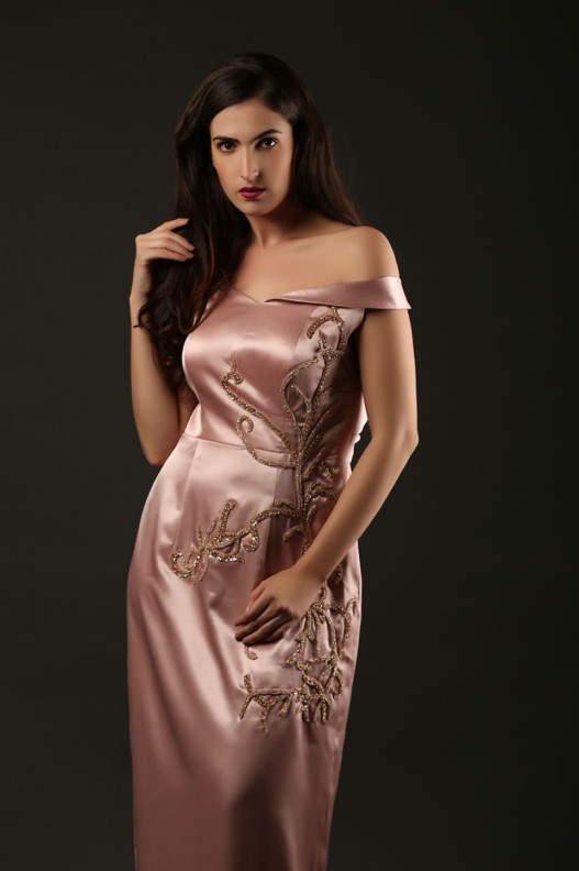 SIMMER SATIN OFF SHOULDER SIDE SLIT STREIGHT DRESS