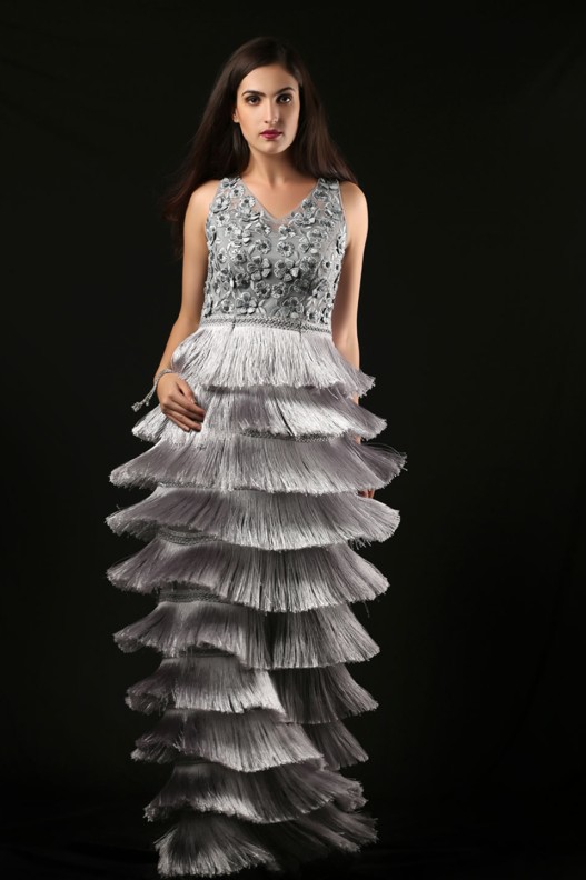 GRAY FRINGE LAYERED DRESS