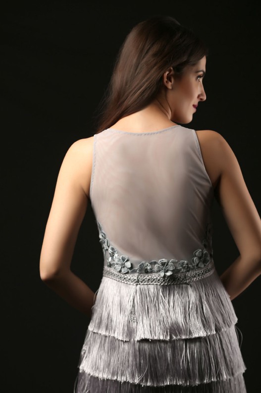 GRAY FRINGE LAYERED DRESS