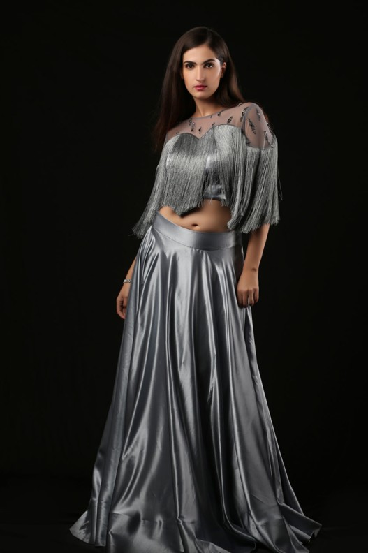 SIMMER SATIN UMBRELLA SKIRT WITH FRINGE CROP TOP