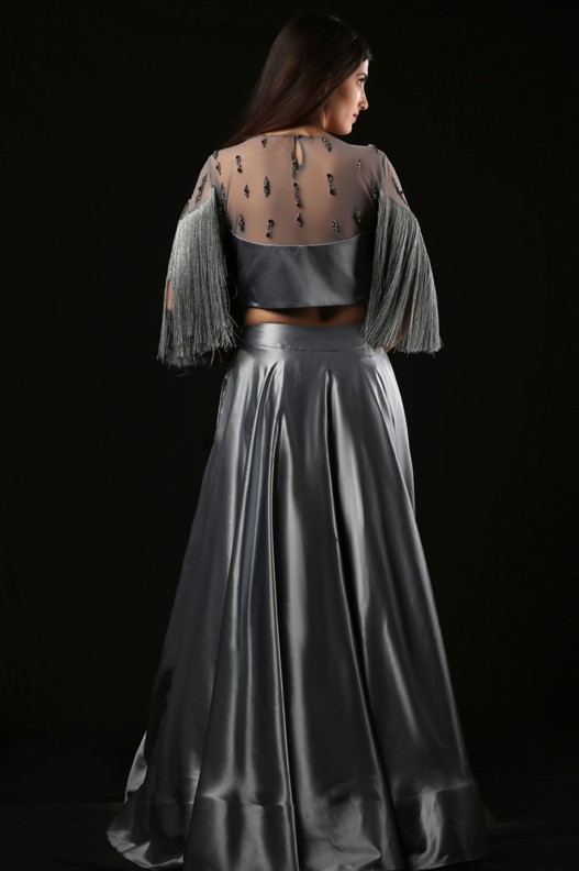 SIMMER SATIN UMBRELLA SKIRT WITH FRINGE CROP TOP