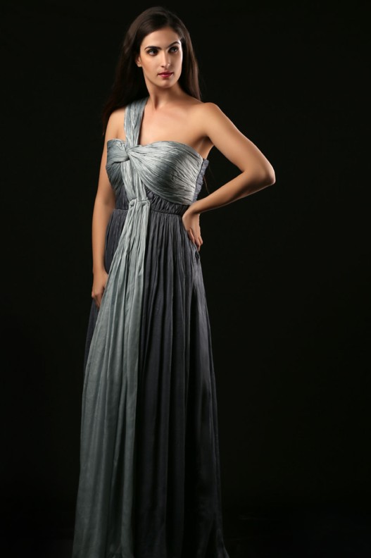 COLOUR BLOCK SATIN CHIFFON GATHERED DRESS