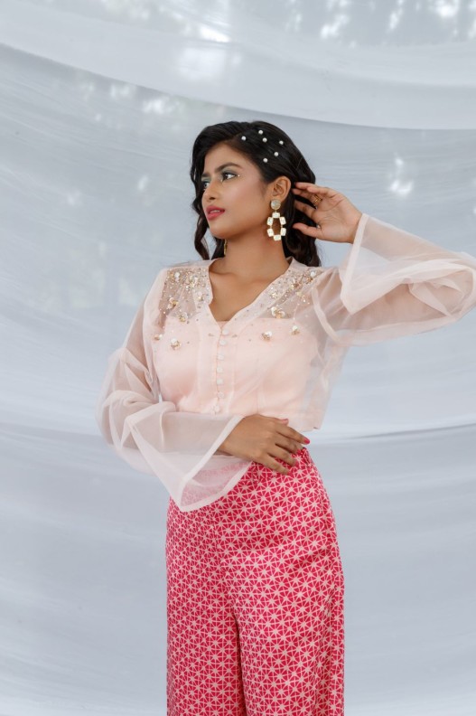  Fuscia Pink Cluster Organza Shirt With Pallazzo